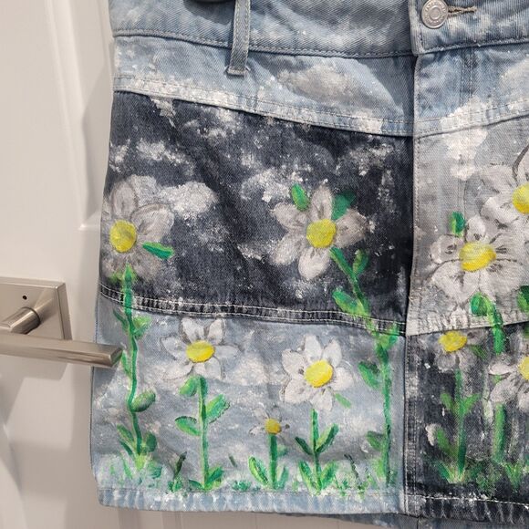 Hand Painted Denim Mini Skirt size 12 Daisy Field patchwork One of a Kind Rare - Picture 3 of 12